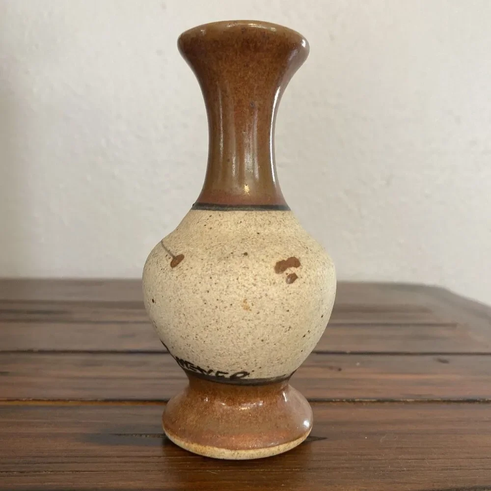 Vintage Mexican Art Pottery Stoneware Vase Hand Painted Signed Floral Small 5”